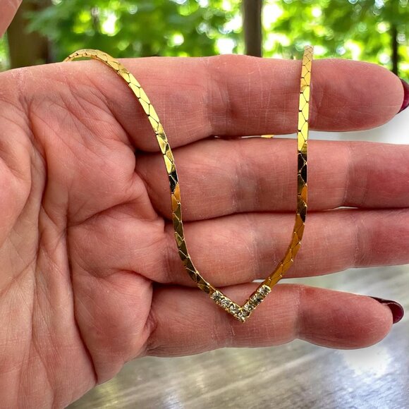 Gold-tone Chevron Rhinestone V Necklace - Picture 2 of 10